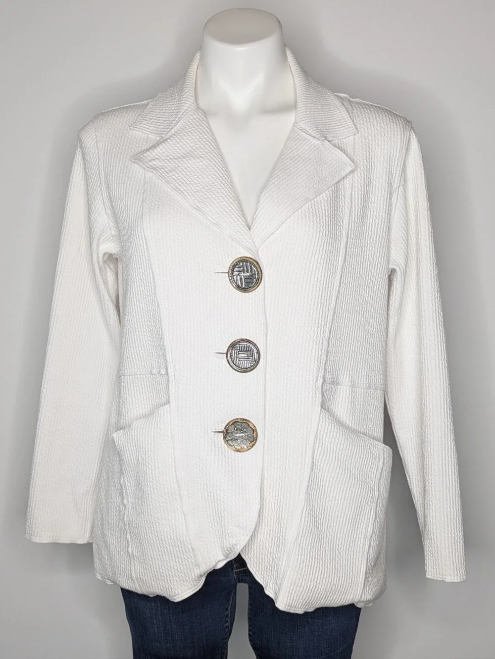 Neon Buddha White Silver Brown Button Up Cotton Blend Sweater Jacket M